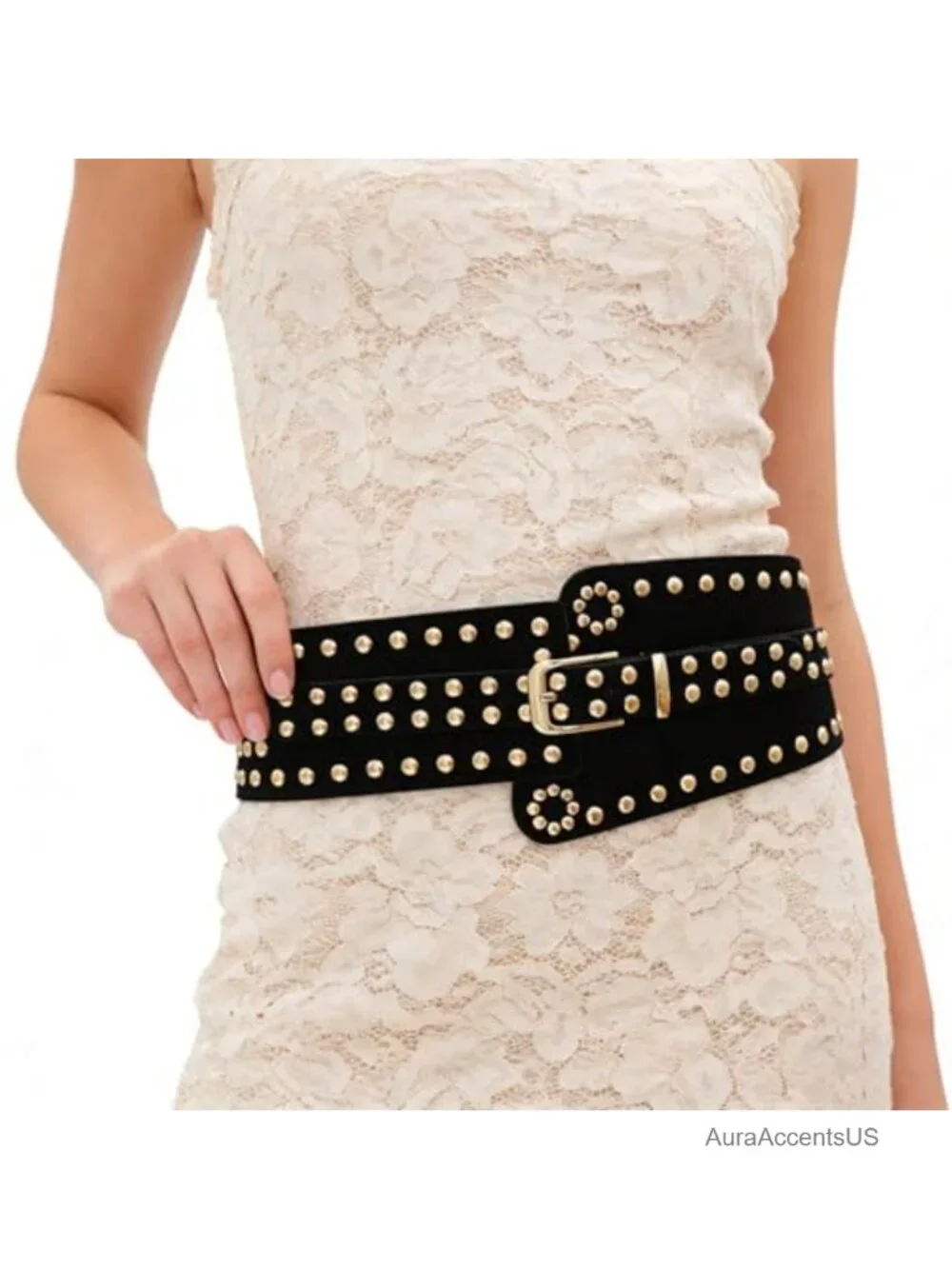 Wide Elastic Stretch Waist Belt Chunky Studded Belt for Dresses